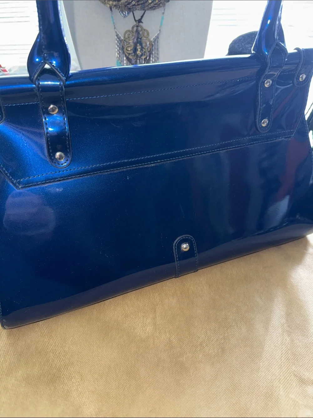 Beijo Navy Patent Satchel with Silver-Tone Lock Matching Wallet